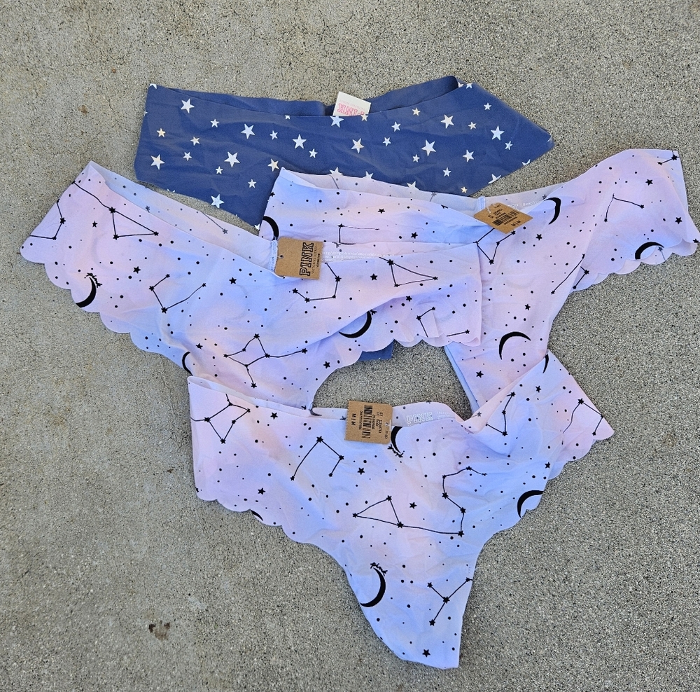 SET OF 4 NEW TAGS ATTACHED VICTORIAS SECRET THONGS MED CELESTIAL ZODIAC STAR